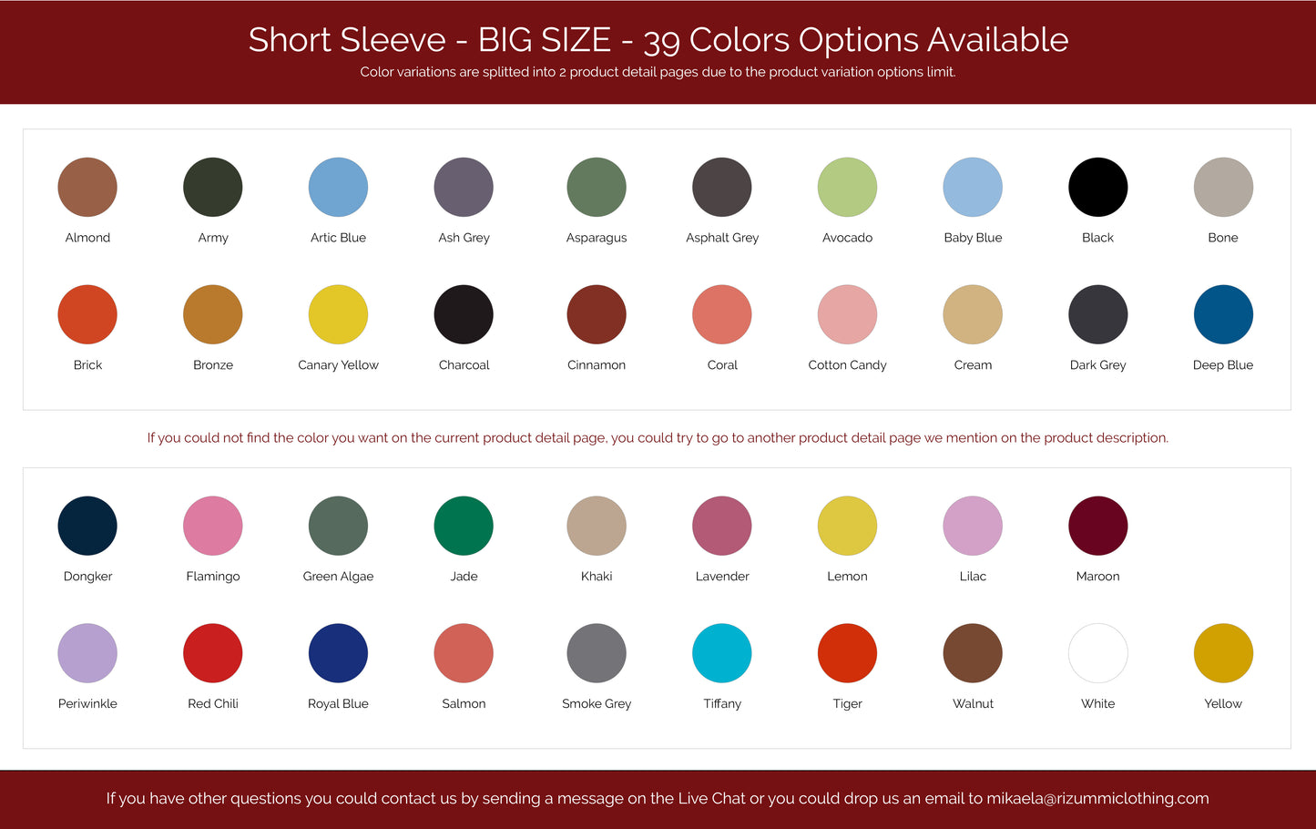 Short Sleeve BIG Size Color Guides - rizummiclothing.com