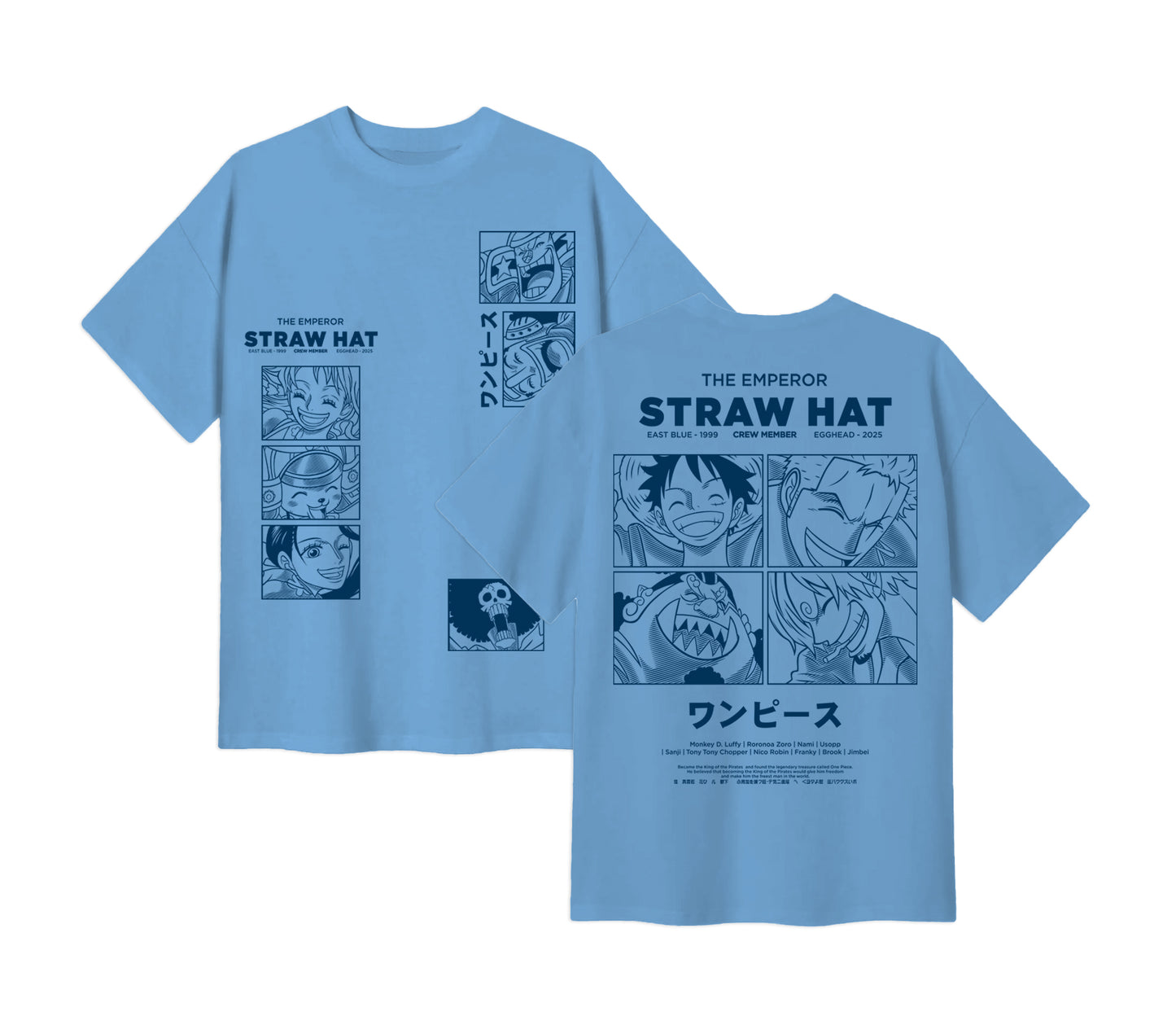 Anime One Piece Emperor Straw Hat Crew Short Sleeve Tee - RZM014 - Artic Blue