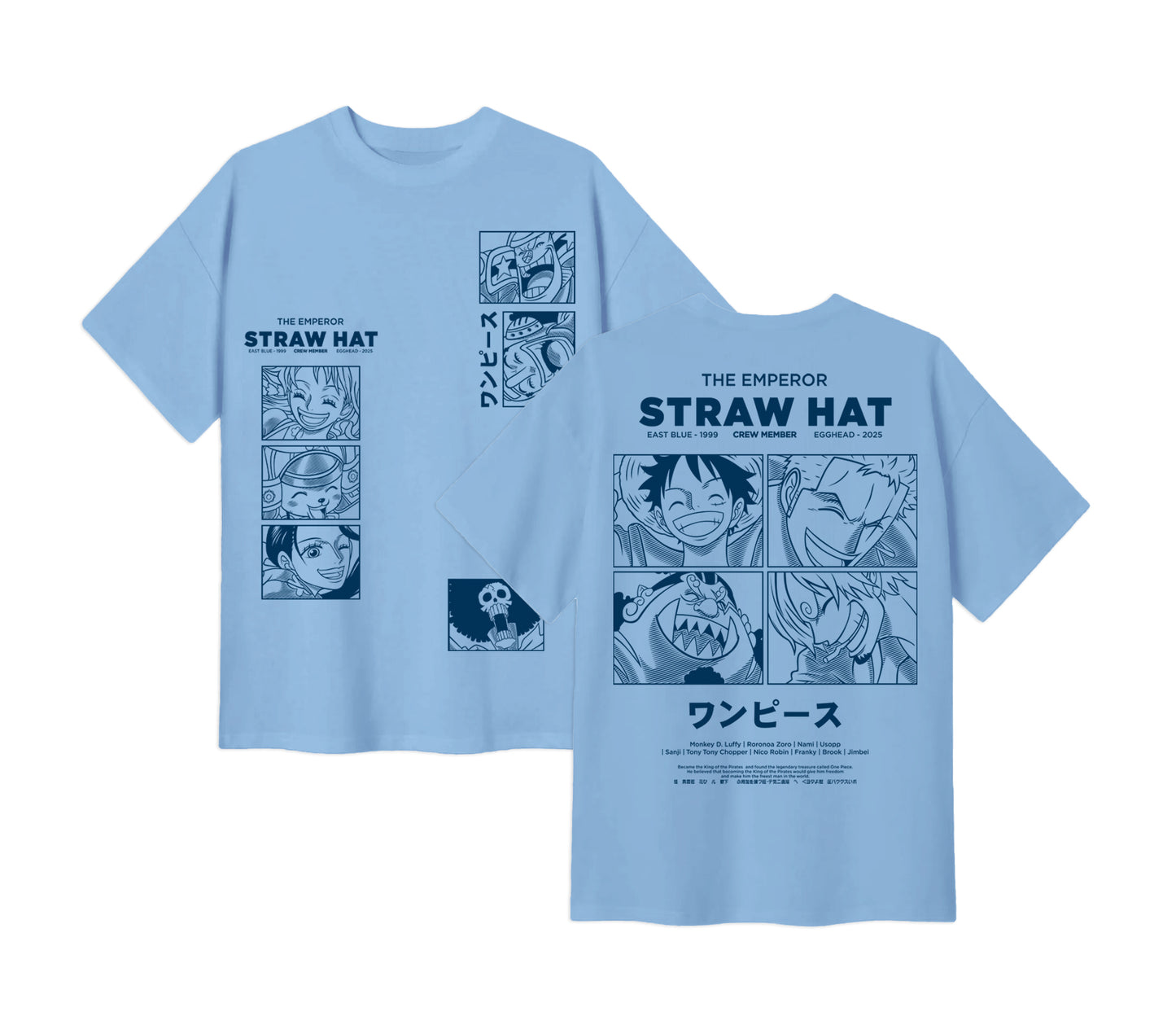 Anime One Piece Emperor Straw Hat Crew Short Sleeve Tee - RZM014 - Baby Blue