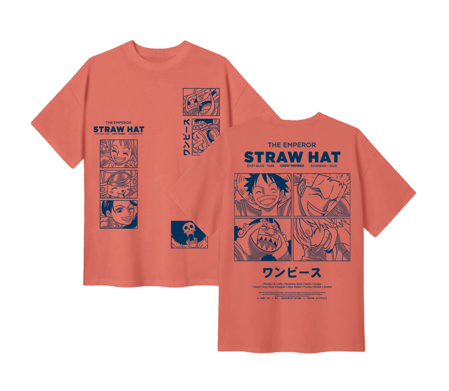Anime One Piece Emperor Straw Hat Crew Short Sleeve Tee - RZM014 - Coral